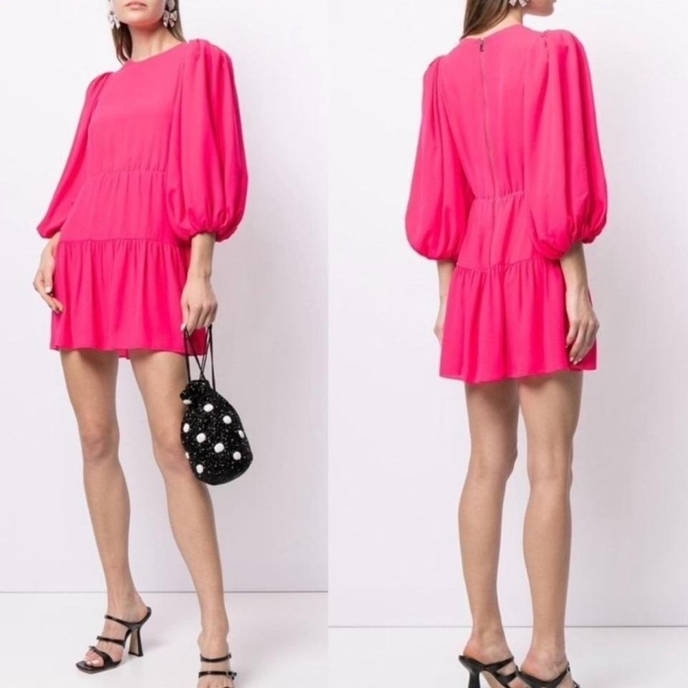 ALICE & OLIVIA‎ | NWT Coral Shayla Tiered Puff Sleeve Crepe Mini Dress, Size 14